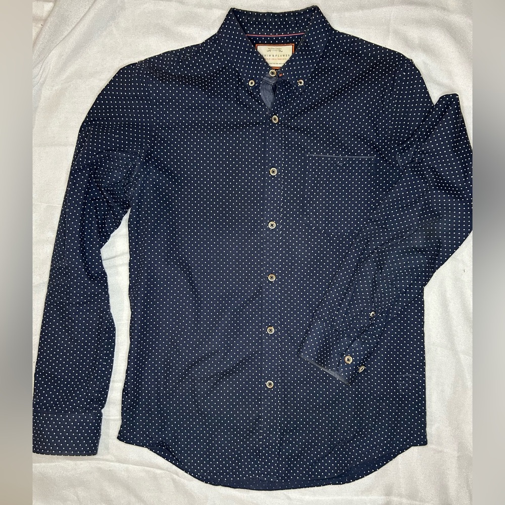Denim and Flower men’s navy polka dot button down